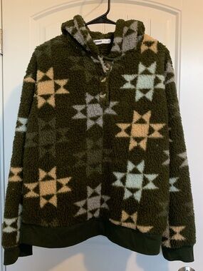 Sonoma Olive Green Sherpa Hoodie with Star Print
